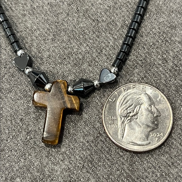 🌻3/$15 Hematite Necklace with Tigereye Cross - Picture 4 of 4